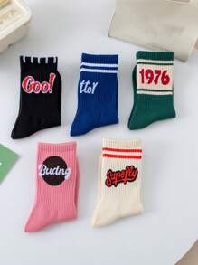 5pairs Mixed Letter & Numeric Print Casual Crew Socks For Women, Fall - Multicolor - View 5