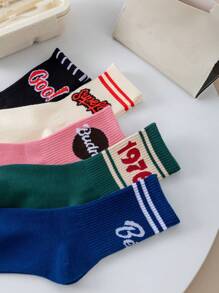 5pairs Mixed Letter & Numeric Print Casual Crew Socks For Women, Fall - Multicolor - View 4