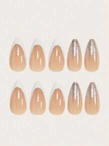 使用 24 件杏仁形按压指甲套装立即提升您的外观，简约优雅的白色法式风格闪光条纹时尚闪光裸色假指甲假指甲时尚闪光假指甲全覆盖假指甲适用于女性和女孩，包括 1 张粘合标签和 1 件迷你锉刀条果冻凝胶随机发货指甲用品指甲 - 白色 - 查看 3