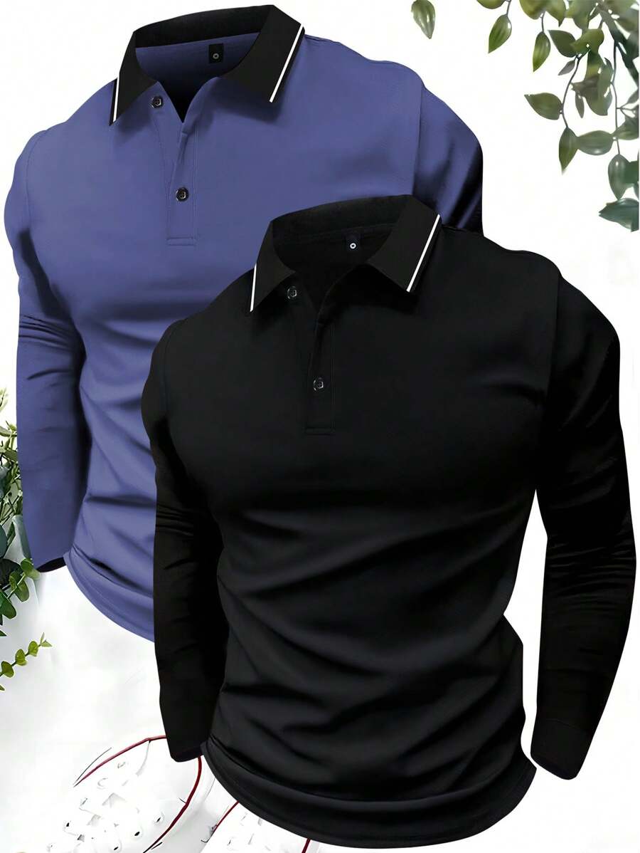 2pcs Men's Long Sleeve Polo Shirts, Classic Collar Casual Sports Wear, Vintage Minimalist Solid Color, Spring Autumn Daily Outdoor Jogging Top , Fall Clothes - Multicolor - View 1