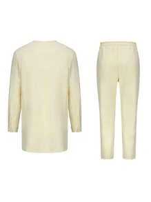 Dashiki Elegant Men Clothing 2PCs Long Sleeve Outfit African Clothes For Men Solid Color Casual Riche Shirt Pants Full Men's Traditional Clothing - Khaki - View 3