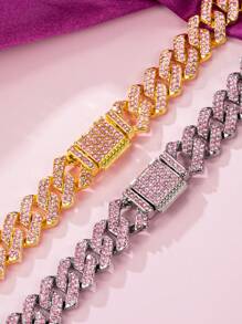 1set Women's Pink Rhinestone Studded Hip Hop Nightclub Style Letter Crown "KING" "QUEEN" Pendant Necklace Jewelry Set, Personalized Crown Design With Sparkling Crystals, Suitable For Daily Wear And Party Accessories