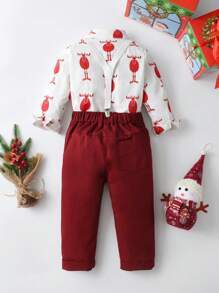 BOARNSEORL Baby Boys Gentleman Outfit, Christmas Deer Pattern Shirt With Bowknot And Red Suspender Pants, Fashionable For Birthday Party, Wedding, Christmas - Red - View 6