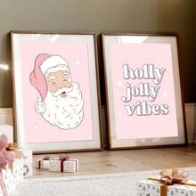 2 件/套现代圣诞墙饰，粉色圣诞印刷品，女孩圣诞装饰，复古冬青快乐氛围海报，可爱的复古圣诞老人墙面帆布装饰，走廊卧室和客厅家居装饰圣诞装饰房间装饰的理想礼物 - 彩色 - 查看 1
