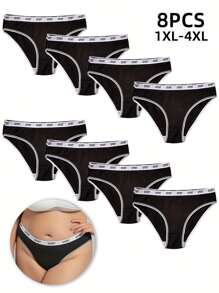 8PCS Plus Size Panties In Women Briefs Ladies' Comfortable Letter Belt Triangle Underwear Basic Black Underwear - 黑色 - 查看 5