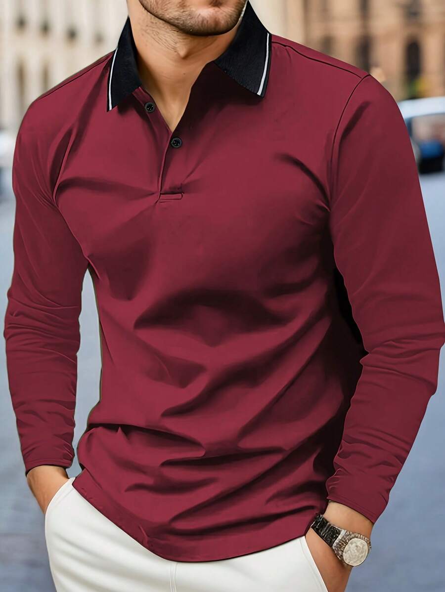 Polo a maniche lunghe da uomo con colletto, tinta unita, leggera, casual e sportiva, adatta per l'autunno - Fucsia - Visualizzare 1