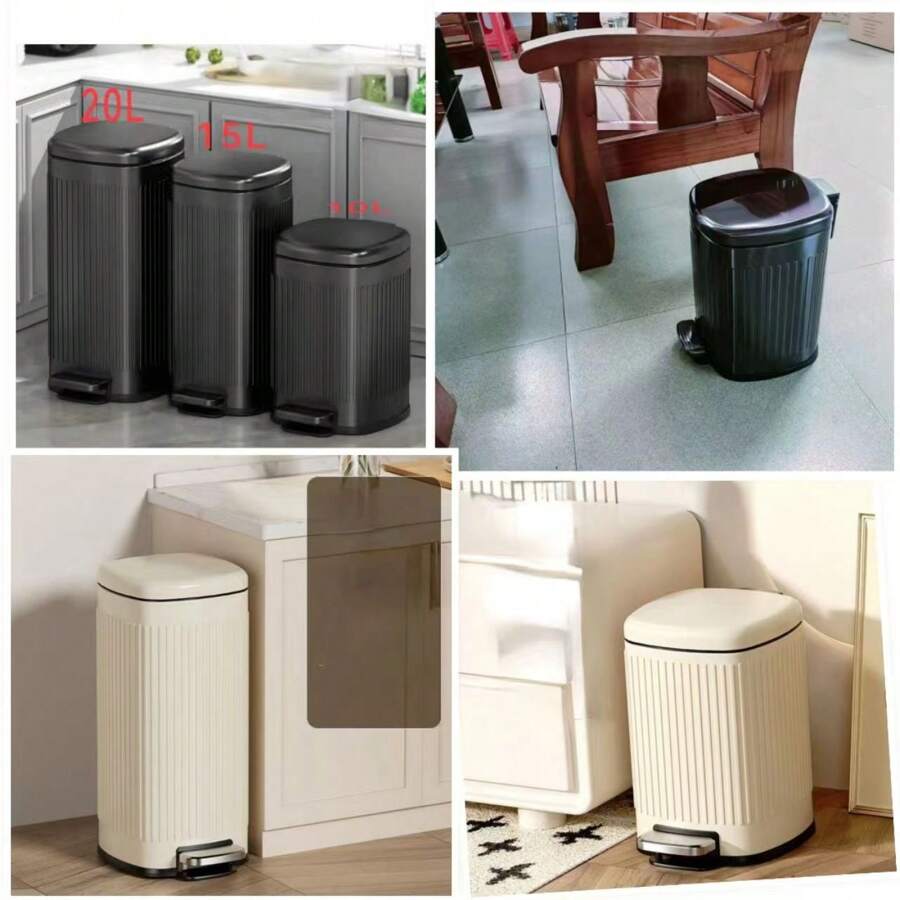 Bote de basura con pedal de acero inoxidable, con patrón en relieve, para sala de estar, cocina, dormitorio, oficina, área pública, redondo, de doble capa, funcionamiento silencioso, decoración del hogar, regalos de Navidad, regalos para el hogar, decoración de la habitación - Color acero tungsteno - Ver 1