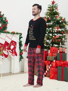 2 Peças Conjunto de Pijamas Combinando para a Família na Época do Natal, Parte Superior de Manga Longa e Calça com Estampa de Árvore de Natal, Roupa de Descanso Confortável para Feriados