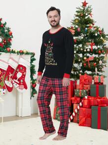 2 Peças Conjunto de Pijamas Combinando para a Família na Época do Natal, Parte Superior de Manga Longa e Calça com Estampa de Árvore de Natal, Roupa de Descanso Confortável para Feriados