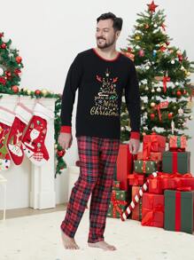 2 Peças Conjunto de Pijamas Combinando para a Família na Época do Natal, Parte Superior de Manga Longa e Calça com Estampa de Árvore de Natal, Roupa de Descanso Confortável para Feriados