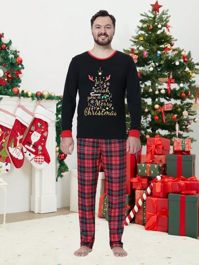 2 piezas Conjunto de pijamas a juego de Navidad para hombre y familia, con estampado de árbol de Navidad en la parte superior de manga larga y pantalones, ropa cómoda para estar en casa en vacaciones, ropa de otoño e invierno
