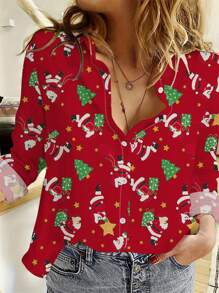 2024 neues Weihnachtsmann Digitaldruck Lässig Shirt mit langen Ärmeln