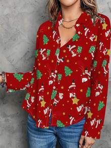 2024 neues Weihnachtsmann Digitaldruck Lässig Shirt mit langen Ärmeln