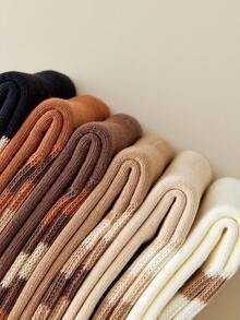 6 双条纹中筒袜，梅拉德色，男女通用长袜，带保暖内衬，温暖复古风格情侣袜 - 彩色 - 查看 10