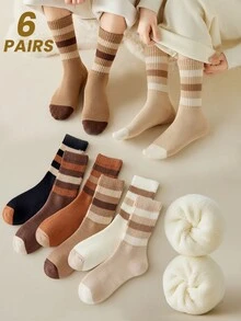 6 双条纹中筒袜，梅拉德色，男女通用长袜，带保暖内衬，温暖复古风格情侣袜 - 彩色 - 查看 1