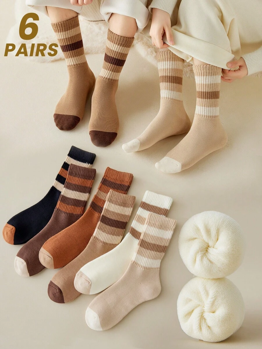 6 双条纹中筒袜，梅拉德色，男女通用长袜，带保暖内衬，温暖复古风格情侣袜 - 彩色 - 查看 1