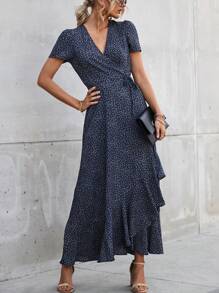 Women's Summer Wrap Maxi Dress Casual Boho Floral V Neck Short Sleeve Ruffle Hem Split Beach Long Dresses - 花色-8 - 查看 1