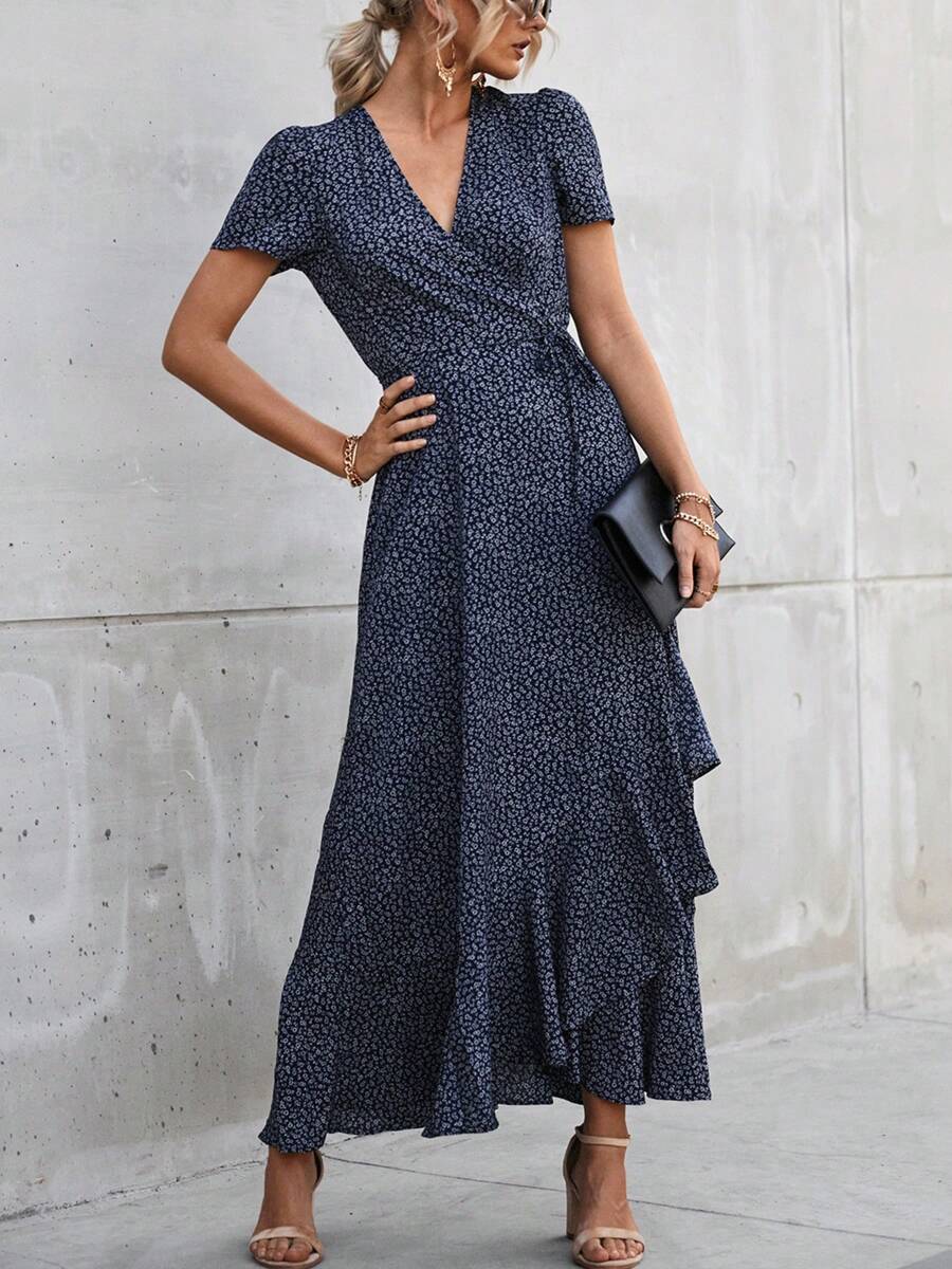 Women's Summer Wrap Maxi Dress Casual Boho Floral V Neck Short Sleeve Ruffle Hem Split Beach Long Dresses - 花色-8 - 查看 1