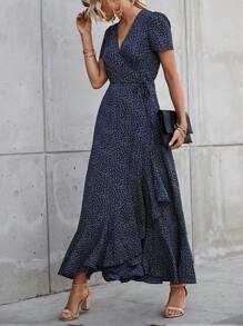 Women's Summer Wrap Maxi Dress Casual Boho Floral V Neck Short Sleeve Ruffle Hem Split Beach Long Dresses - 花色-8 - 查看 3