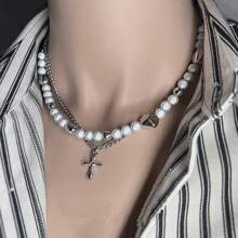 1條時尚男士雙層水滴形＆仿珍珠吊墜項鍊,鎖骨鏈 - 銀色 - 查看 4