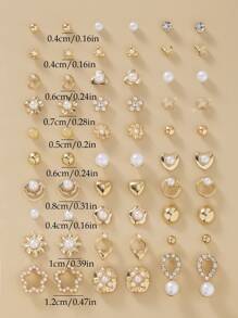 30 Paar Set aus Metallperlen, Pflaumenblüten, Wassertropfen und herzförmigen Ohrsteckern, modisches Alltagsaccessoire, Goldenes Set als Valentinstags-, Muttertags- oder Geschenk für Mutter