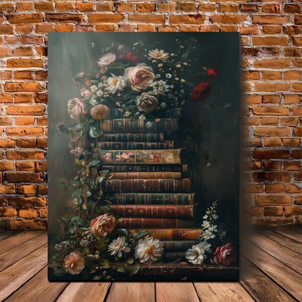 1 Piece Easy To Hang Floral Still Life Painting, Vintage Book Style - Deep College Style Home Decor, Rustic Anniversary Gift, Living Room Decor Canvas Home Decor, - Canvas Material (Framed)