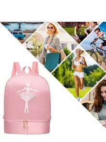 1pc Solid Color Zipper Closure Oxford Cloth Embroidered Dancer Motif Cute Backpack With Separate Shoe Compartment, Suitable For Daily Use