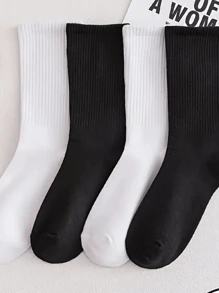 Kit 12 Pairs Of Long Tube Socks Cotton Polyester Black White Men's Women's - Đen và trắng - Xem 3