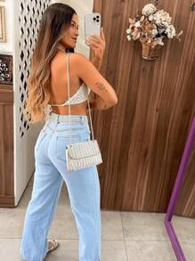 Cropped Crochet Summer 2025 Knitted Top Halter Beach Fashion Carnival Neon - Xanh đậm - Xem 7