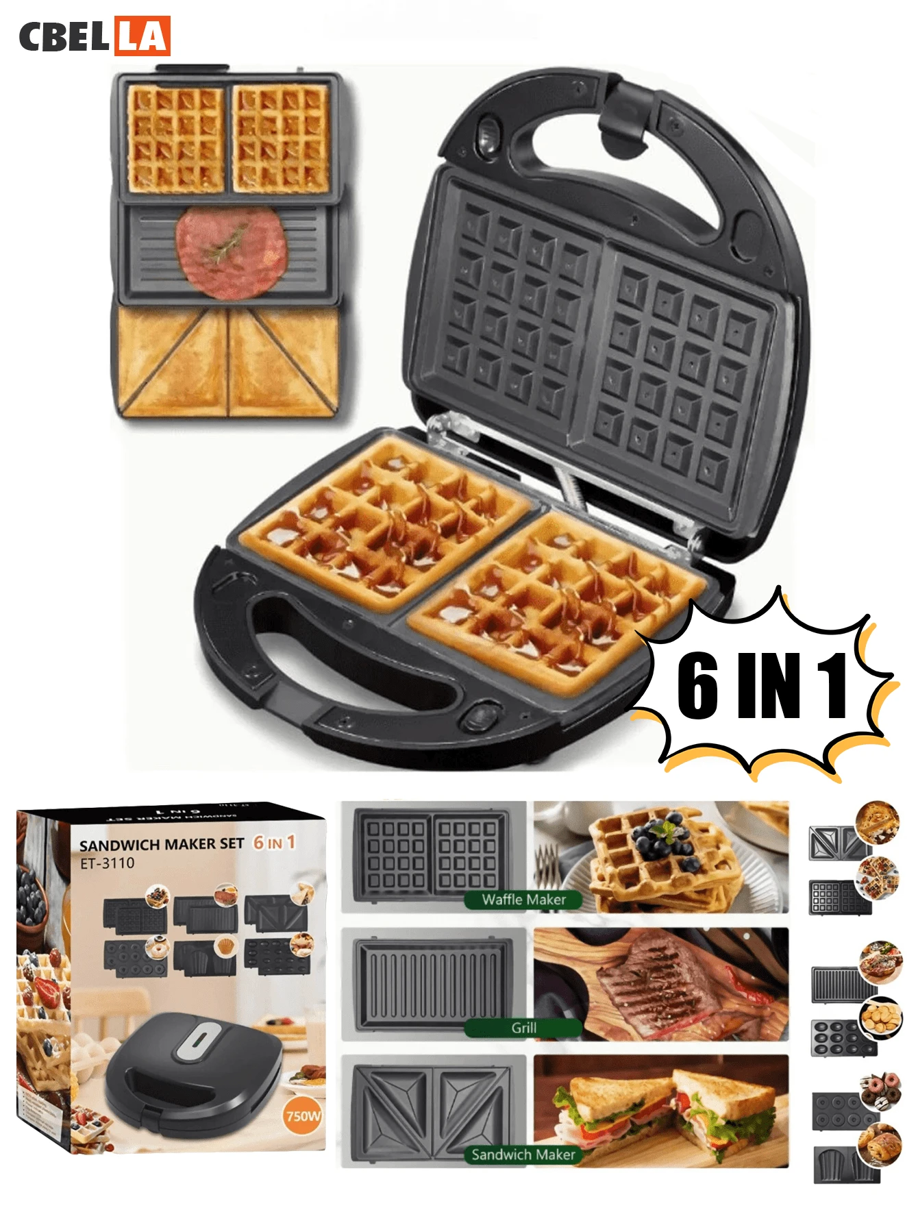 CasaBella Sandwichera Multifunción 6 en 1, Horno para Gofres,Máquina