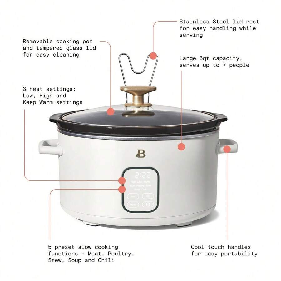 Beautiful 6 Qt Programmable Slow Cooker, Meat, Poultry, Stew, Soup And