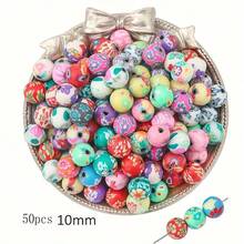 50 件 6/8/10/12 毫米聚合物粘土圆形花形珠子，各种图案软陶瓷隔珠，手工珠宝制作 DIY 手链项链工艺配件 - 彩色 - 查看 11