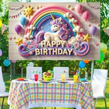 1PC Cute Stereo Rainbow Unicorn Birthday Theme Background Banner - 210*150/150*100/100*75CM Wooden Pattern Birthday Sun Star Balloon Rainbow Unicorn Suitable For Birthday Party Polyester Background Decoration, Perfect For Outdoor Celebrations And Home Garden Atmosphere Decoration Supplies - Multicolor - View 12