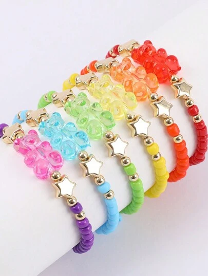 Set de 6 pulseras con cuentas de colores aleatorios y encantos de osos acrílicos, apropiadas para uso diario y fiestas de niñas