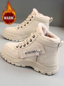 1 Pair Women's White Casual Outdoor Snow Boots, Round Toe, Lace-Up, Leather Upper With Thermal Lining, Suitable For Autumn/Winter - Khaki - View 11