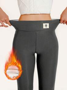 1pc Letter Sweat Pants Solid Plush Lining Leggings, Sport Casual Stretchy Long Length High Waist Leggings, Women's Clothing - 深灰色 - 查看 3