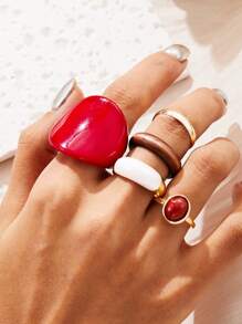 5pcs Retro Style Large Red Resin Knuckle Rings Set - Multicolor - View 2