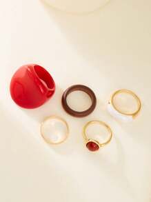 5pcs Retro Style Large Red Resin Knuckle Rings Set - Multicolor - View 4
