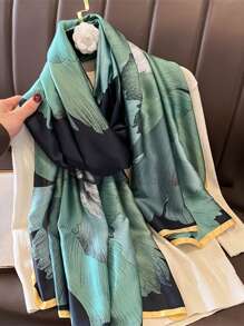 1件女士优雅亮色缎面印花长围巾，时尚光滑轻盈披肩，适合休闲穿着和头饰 - 綠色 - 查看 2