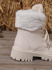 New Soft And Comfortable White Lace-Up Boots With Thermal Lined, Fashion Motorcycle Boots For Spring, Autumn & Winter