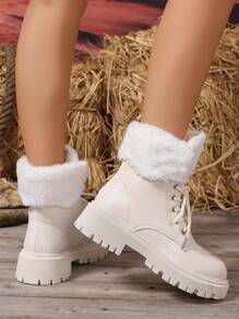 New Soft And Comfortable White Lace-Up Boots With Thermal Lined, Fashion Motorcycle Boots For Spring, Autumn & Winter