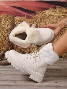New Soft And Comfortable White Lace-Up Boots With Thermal Lined, Fashion Motorcycle Boots For Spring, Autumn & Winter
