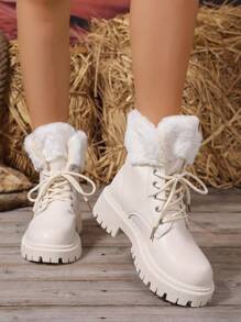 New Soft And Comfortable White Lace-Up Boots With Thermal Lined, Fashion Motorcycle Boots For Spring, Autumn & Winter