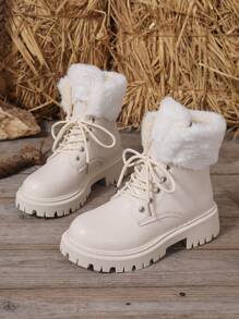 New Soft And Comfortable White Lace-Up Boots With Thermal Lined, Fashion Motorcycle Boots For Spring, Autumn & Winter