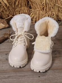 New Soft And Comfortable White Lace-Up Boots With Thermal Lined, Fashion Motorcycle Boots For Spring, Autumn & Winter