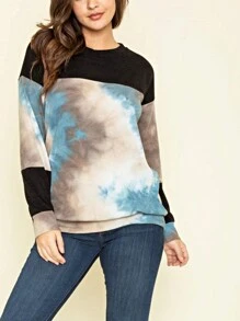 Boho Retro 90's Vintage  Checkered Solid Tie Dye V Stich Pink Mustard Blue Brown Raglan Drop Shoulder Knit Top  Cool Tunic Sweatshirt Pullover - 藍色 - 查看 3