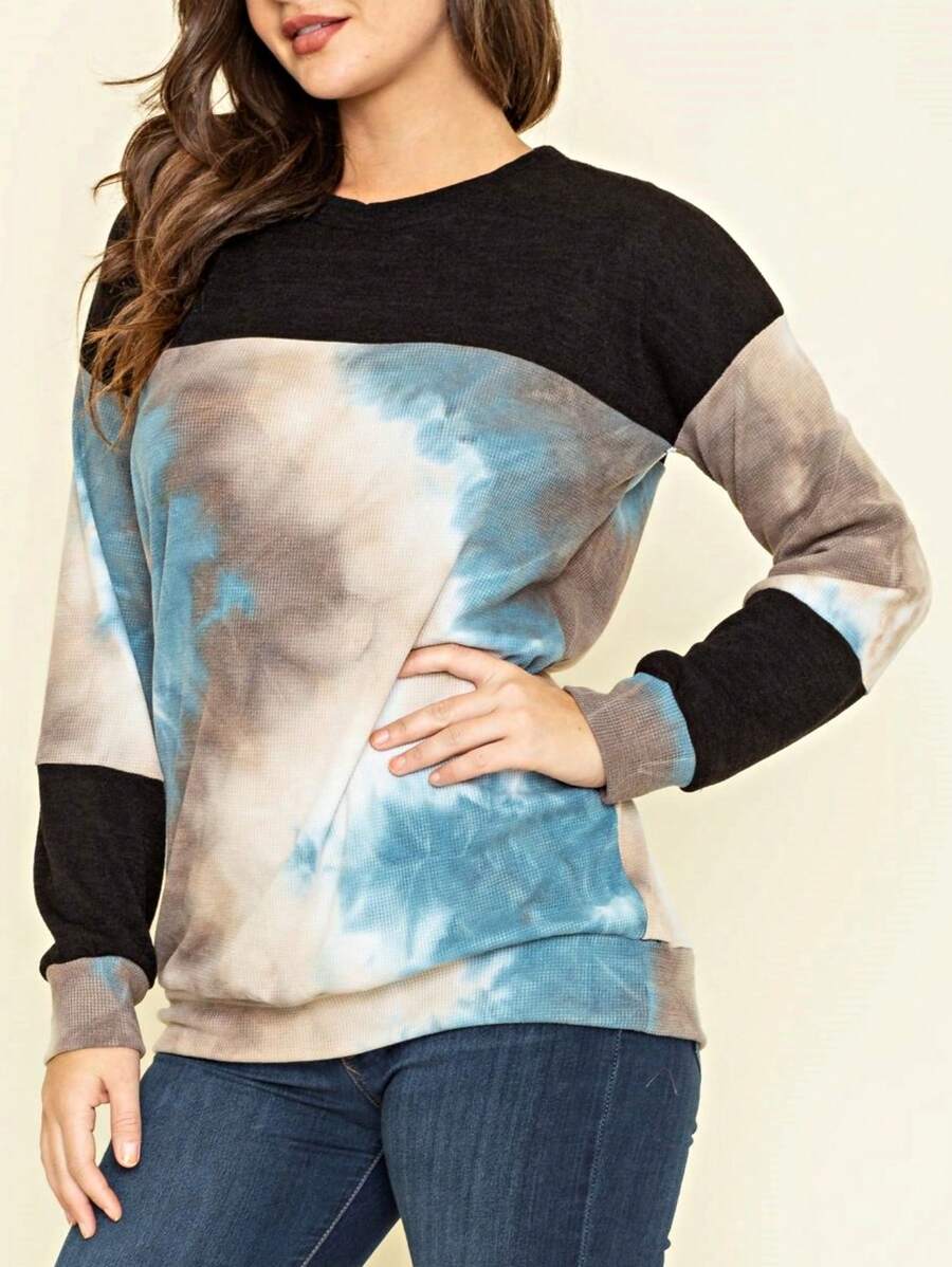 Boho Retro 90's Vintage Checkered Solid Tie Dye V Stich Pink Mustard Blue Brown Raglan Drop Shoulder Knit Top Cool Tunic Sweatshirt Pullover - 藍色 - 查看 1