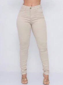 Women's White Skinny Jeans High Waist Slim Butt Lifting Pants - 米色 - 查看 2