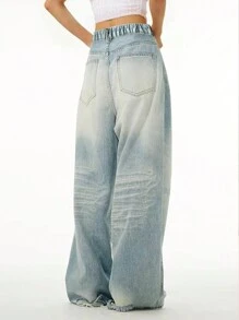 Vintage American Loose Straight Leg Jeans For Teen Girls, Streetwear Style Oversized Wide Leg Pants - 藍色 - 查看 4