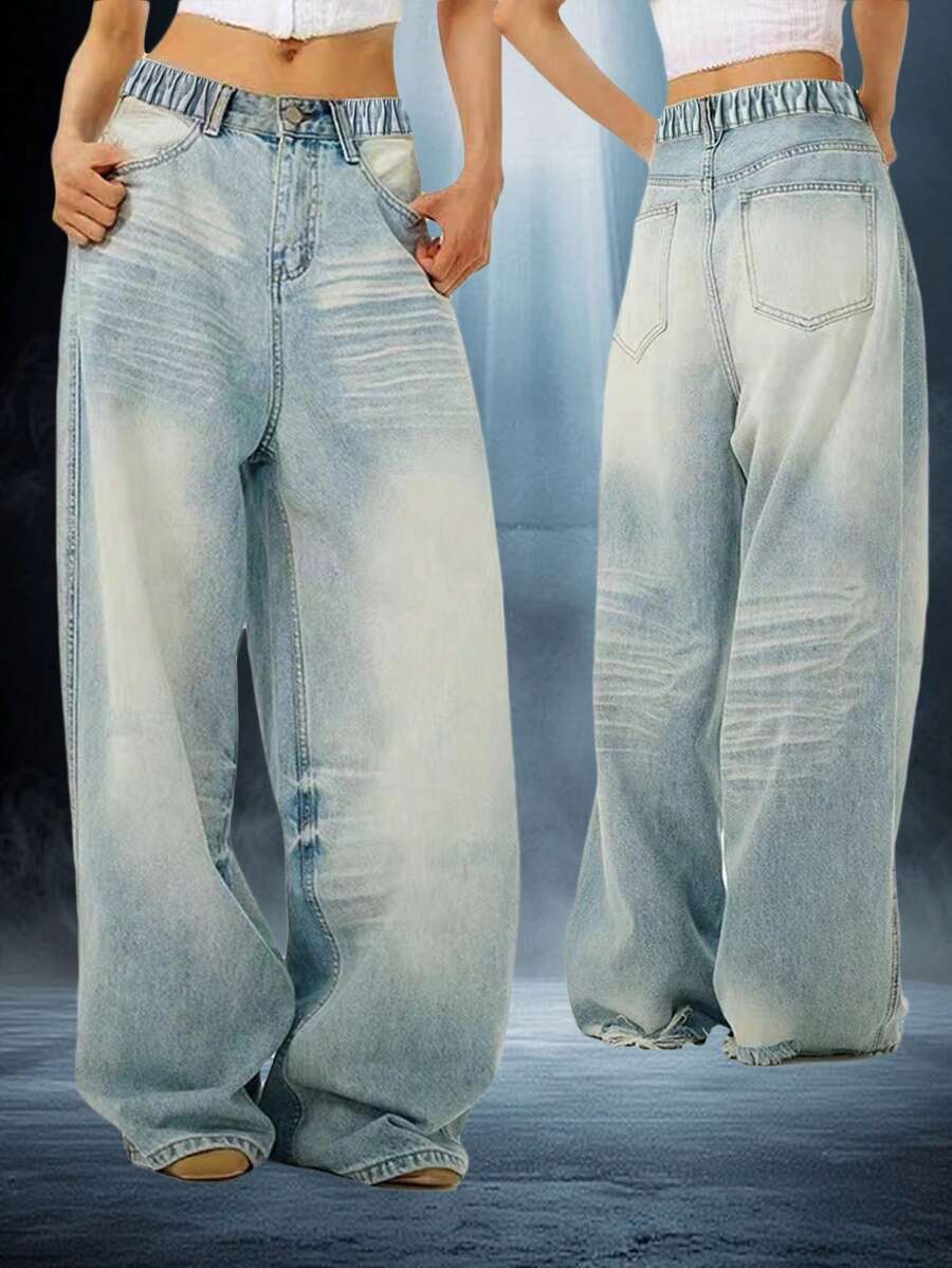 Vintage American Loose Straight Leg Jeans For Teen Girls, Streetwear Style Oversized Wide Leg Pants - 藍色 - 查看 1